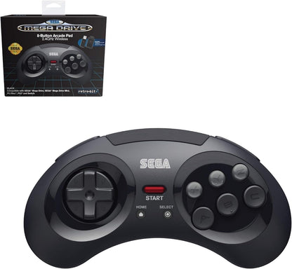 Retro-Bit Official SEGA Mega Drive 8-Button 2.4Ghz Wireless Arcade Pad for MEGA DRIVE MINI CONSOLE, Sega Mega Drive Console, PC, Switch, macOS, Playstation 3, Steam, RetroPie, Raspberry Pi (Black