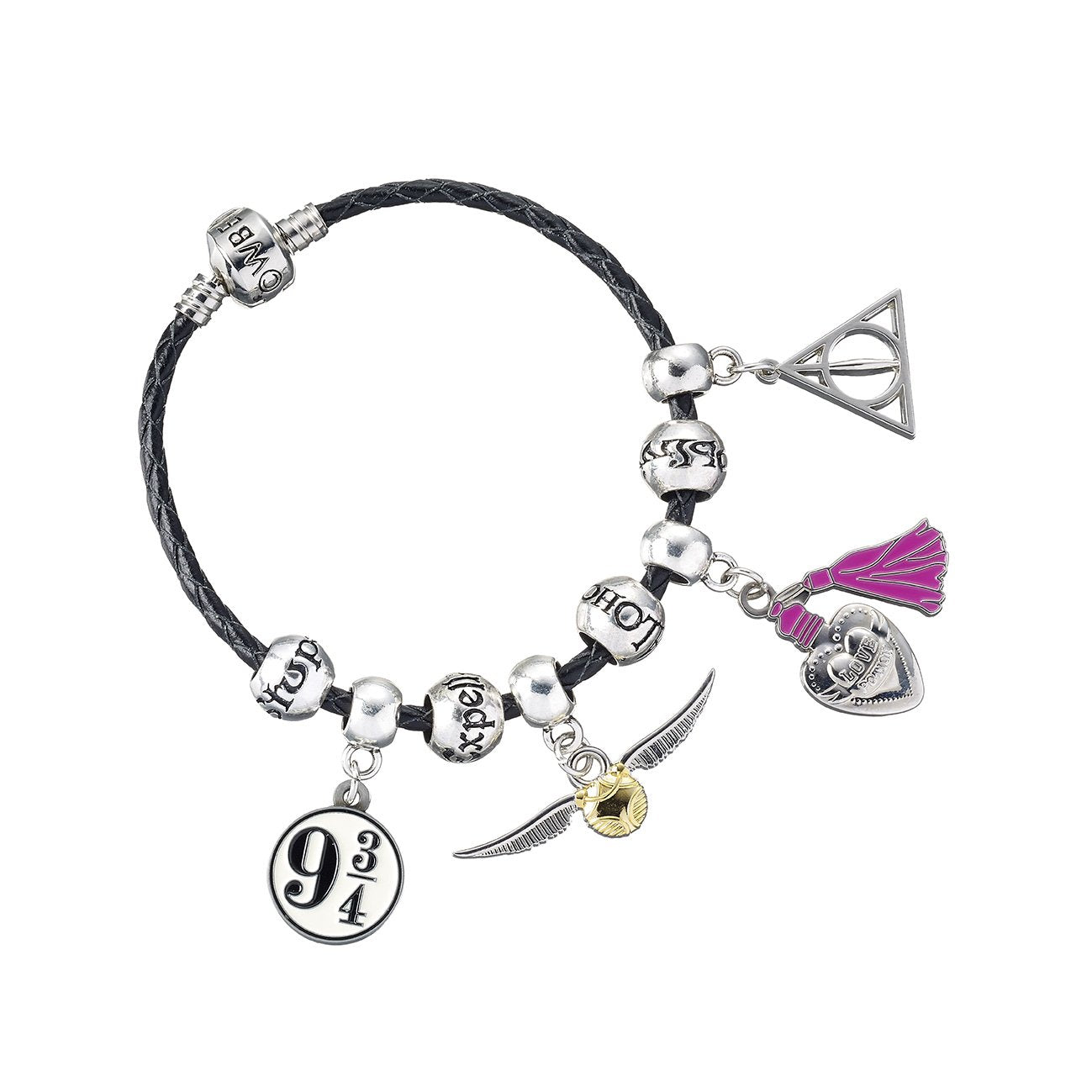 Harry Potter - Charm Set- Black Leather Bracelet/Deathly Hallows/ Snitch/ Platfrom 9 3/4/ 2 Spellbeads