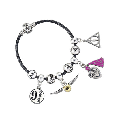 Harry Potter - Charm Set- Black Leather Bracelet/Deathly Hallows/ Snitch/ Platfrom 9 3/4/ 2 Spellbeads