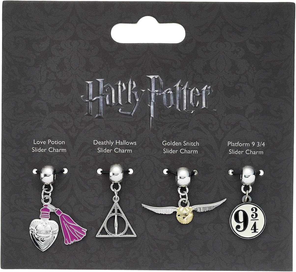 Harry Potter - Charm Set- Black Leather Bracelet/Deathly Hallows/ Snitch/ Platfrom 9 3/4/ 2 Spellbeads