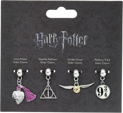 Harry Potter - Charm Set- Black Leather Bracelet/Deathly Hallows/ Snitch/ Platfrom 9 3/4/ 2 Spellbeads