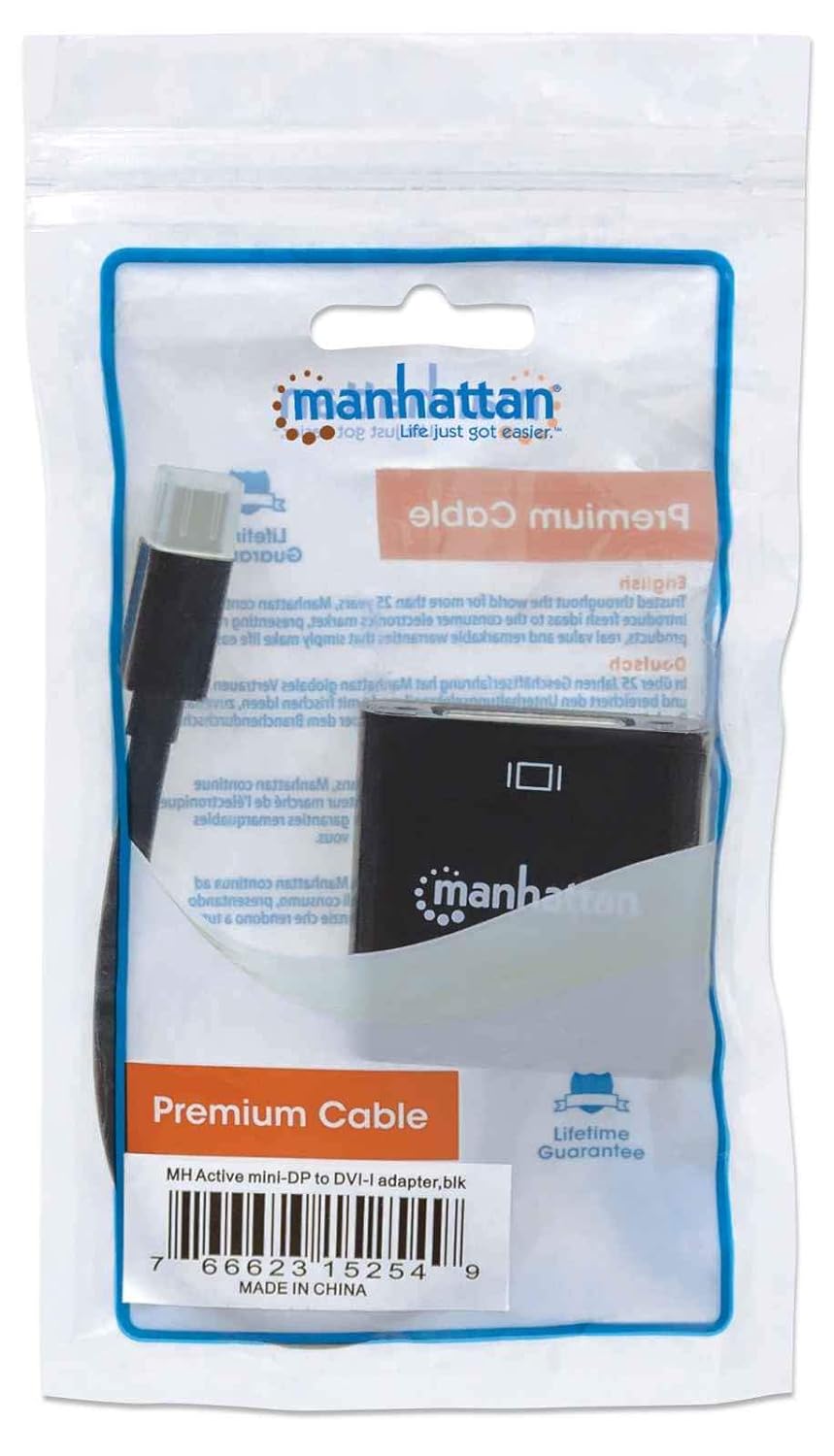 Manhattan Mini DisplayPort 1.2a to DVI-I Dual-Link Adapter Cable, 4K@30Hz, Active, 19.5cm, Male to Female, Compatible with DVD-D, Black, Three Year Warranty, Polybag