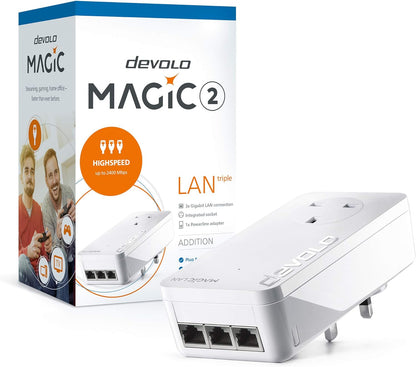 devolo Magic 2-2400 LAN Triple: Add-on Powerline Adapter (Up to 2400 Mbps for Your Powerline Home Network, 3x Gb LAN Ports, Ideal for Online Gaming, 4k/8k UHD Streaming, Stable Home Working