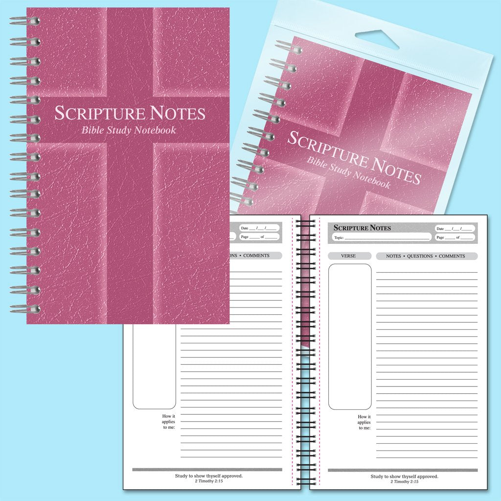G.T. Luscombe Company, Inc. Scripture Notes, Bible Study, 9 x 5.5 inch, Spiral Bound, 100 Double-Sided Page, Hardboard Cover, Lined Notebook with Prompts and Text Boxes, Rose