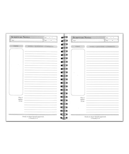 G.T. Luscombe Company, Inc. Scripture Notes, Bible Study, 9 x 5.5 inch, Spiral Bound, 100 Double-Sided Page, Hardboard Cover, Lined Notebook with Prompts and Text Boxes, Rose