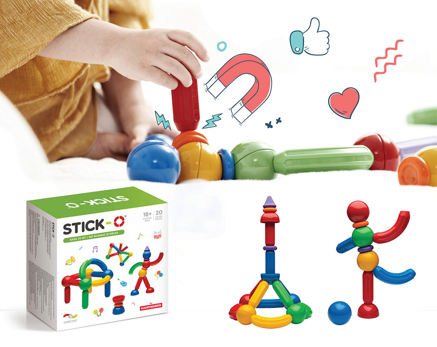 Stick-O magnetische Bausteine für Kinder ab 1 Jahre, kreatives Konstruktionsspielzeug, Lernspielzeug mit Magnet, 36 Modelle für Mädchen und Jungen, Montessori Spielzeug, 20 Teile Set