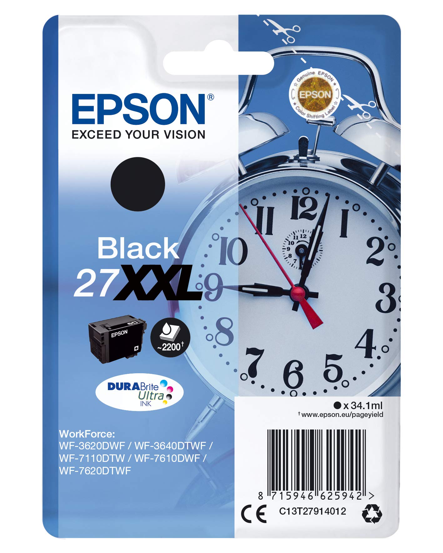 Epson DURABrite Ultra 27XXL Cartuccia di Inchiostro, Nero Sveglia, RF, AM