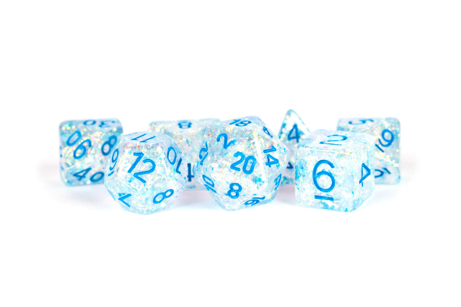 Clear Flash Dice with Blue Numbers Resin 16mm (5/8in) 7 Dice Set Metallic Dice Games