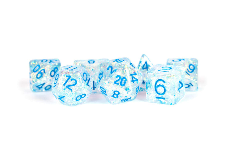 Clear Flash Dice with Blue Numbers Resin 16mm (5/8in) 7 Dice Set Metallic Dice Games
