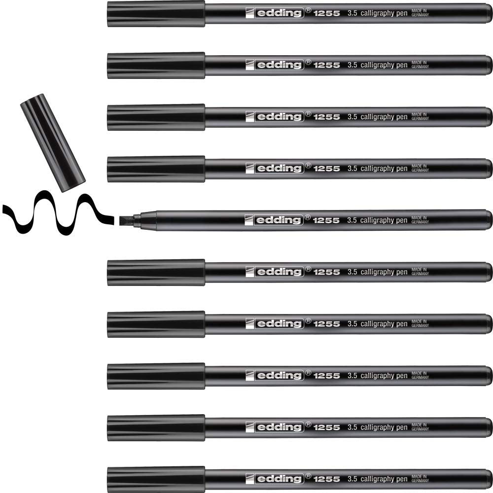 edding 1255 Calligraphy Pen - Black - Box of 10 - Calligraphy Nib 3.5 mm - Fibre Pen for Paper, Wood, Terracotta, Canvas - Hand Lettering, Bullet journals, Thank You Cards, Calligraphy Books