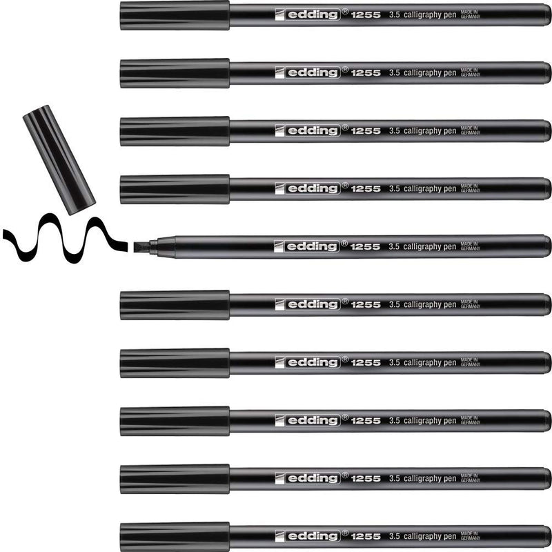 edding 1255 Calligraphy Pen - Black - Box of 10 - Calligraphy Nib 3.5 mm - Fibre Pen for Paper, Wood, Terracotta, Canvas - Hand Lettering, Bullet journals, Thank You Cards, Calligraphy Books