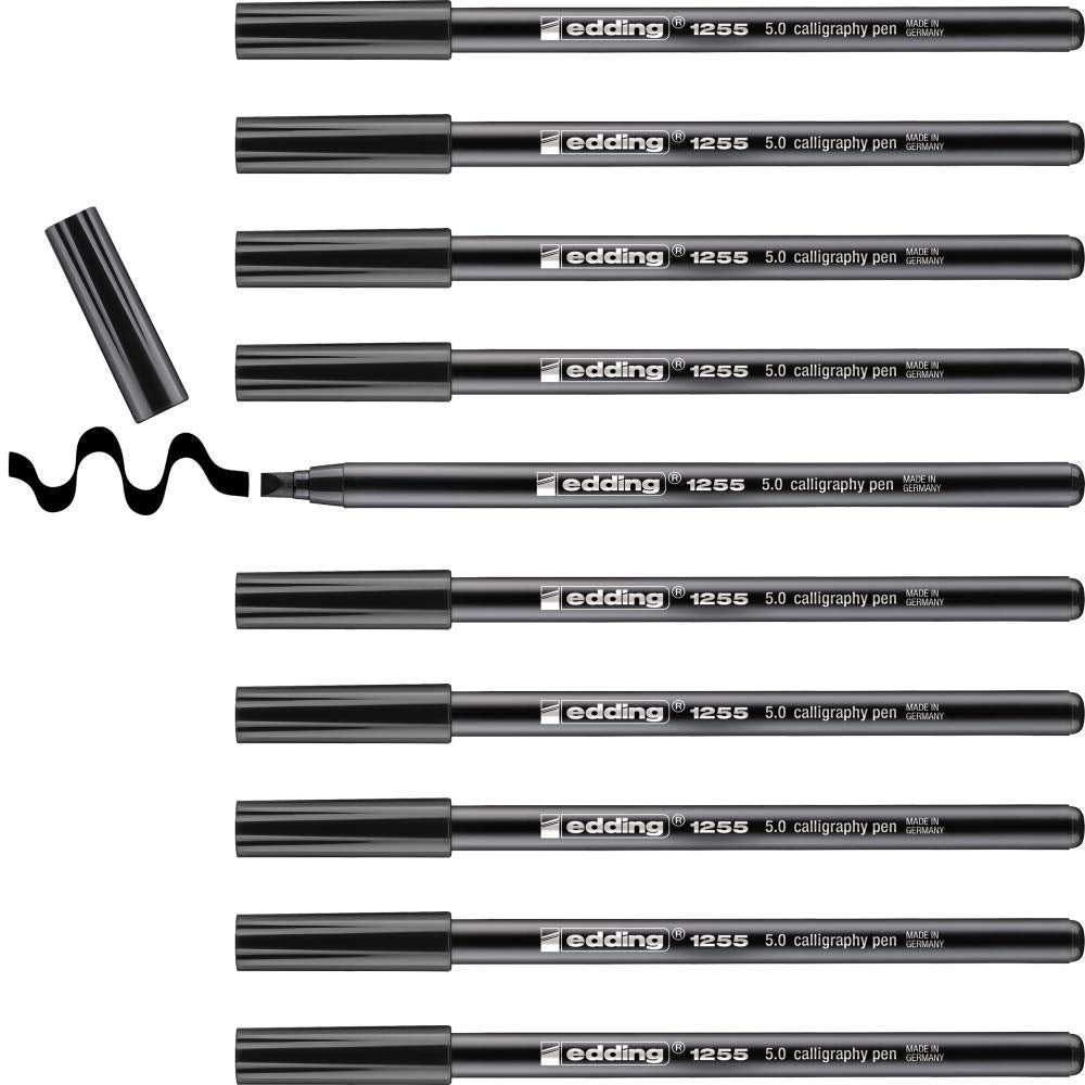 edding 1255 Calligraphy Pen - Black - Box of 10 - Calligraphy Nib 5 mm - Fibre Pen for Paper, Wood, Terracotta, Canvas - Hand Lettering, Bullet journals, Thank You Cards, Calligraphy Books