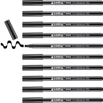 edding 1255 Calligraphy Pen - Black - Box of 10 - Calligraphy Nib 5 mm - Fibre Pen for Paper, Wood, Terracotta, Canvas - Hand Lettering, Bullet journals, Thank You Cards, Calligraphy Books