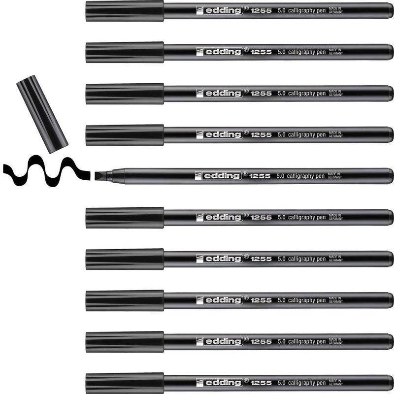 edding 1255 Calligraphy Pen - Black - Box of 10 - Calligraphy Nib 5 mm - Fibre Pen for Paper, Wood, Terracotta, Canvas - Hand Lettering, Bullet journals, Thank You Cards, Calligraphy Books