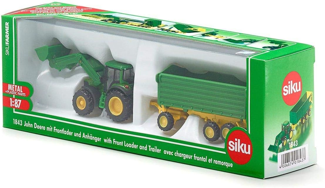 siku 1843, John Deere with Front Loader and Trailer, 1:87, Metal,Plastic, Green, Tipper Trailer