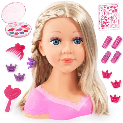Bayer Charlene Super Model 27cm Doll Head for Hair Styling & Accessories - Styling Head with Brush, Comb, Clips & Curlers - Kids Hairdressing Play Set with Cosmetic Palette & Stickers (Ages 3+