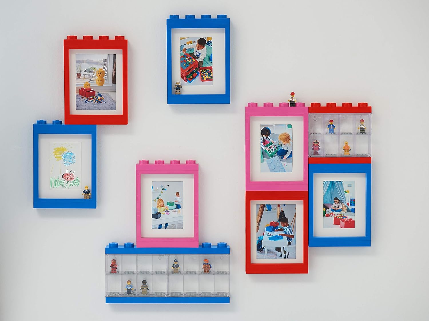 Espositore per 16 Minifigures Lego, Contenitore Impilabile da Parete o Scrivania, Rosso