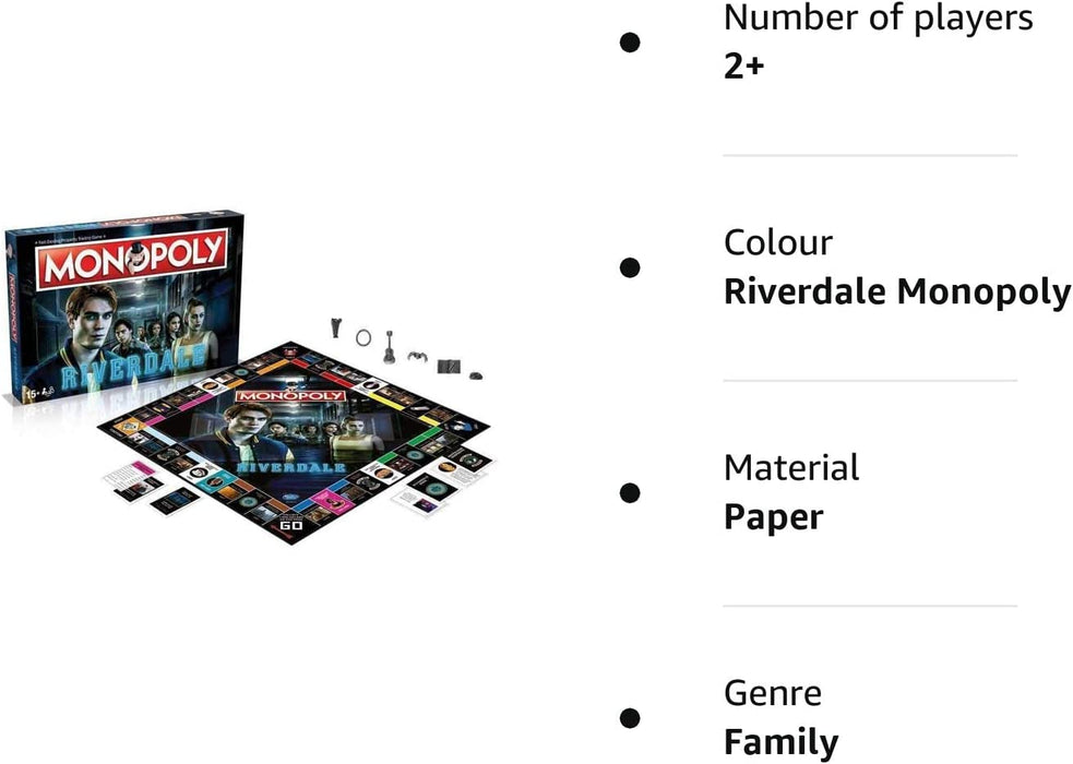 Winning Moves Riverdale Monopoly Board Game, Join Veronica, Archie, Jughead, Betty, Cheryl and Pop, advance to Sunnyside Trailer Park, Sweetwater River and The Pembrooke, for players aged 8 plus