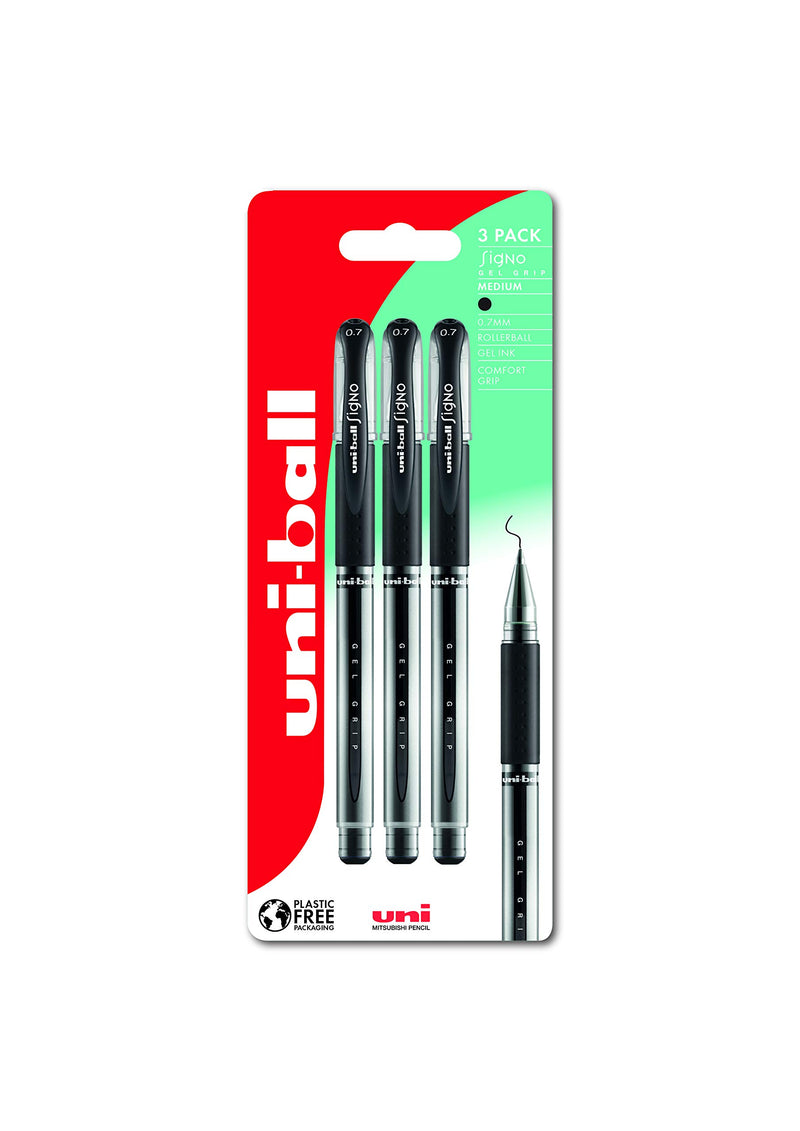 uni-ball UM-151S Gel Grip Rollerball Pens. Premium Medium 0.7mm Ballpoint Nib for Super Smooth Handwriting, School, Journaling and Note Taking. Fade & Water Resistant Uni Super Ink. Pack of 3 Black