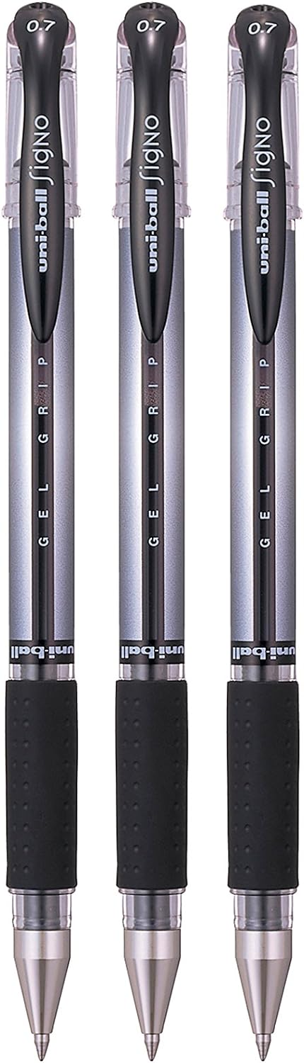 uni-ball UM-151S Gel Grip Rollerball Pens. Premium Medium 0.7mm Ballpoint Nib for Super Smooth Handwriting, School, Journaling and Note Taking. Fade & Water Resistant Uni Super Ink. Pack of 3 Black