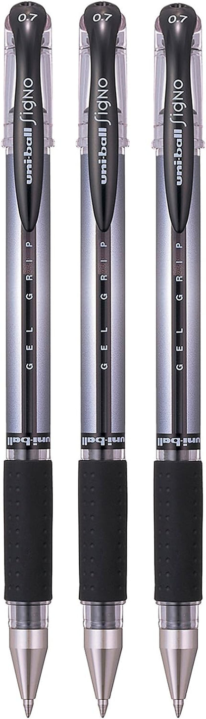 uni-ball UM-151S Gel Grip Rollerball Pens. Premium Medium 0.7mm Ballpoint Nib for Super Smooth Handwriting, School, Journaling and Note Taking. Fade & Water Resistant Uni Super Ink. Pack of 3 Black