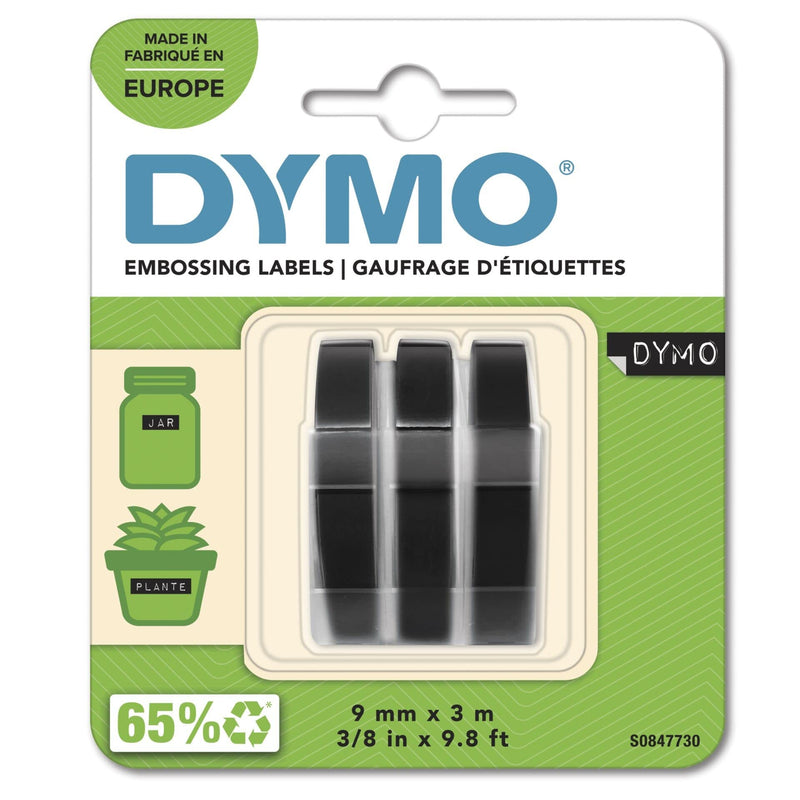 DYMO Authentic Embossing Label Tape | 9 mm x 3 m Rolls | White Print on Black | Self-Adhesive | for Embossing Label Makers |