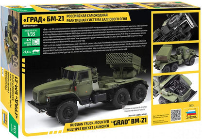 Zvezda 500783655 500783655-1:35 BM-21 Degree Rocket Launcher-Plastic Construction Model Kit-Assembly-for Beginners-Detailed, Olive