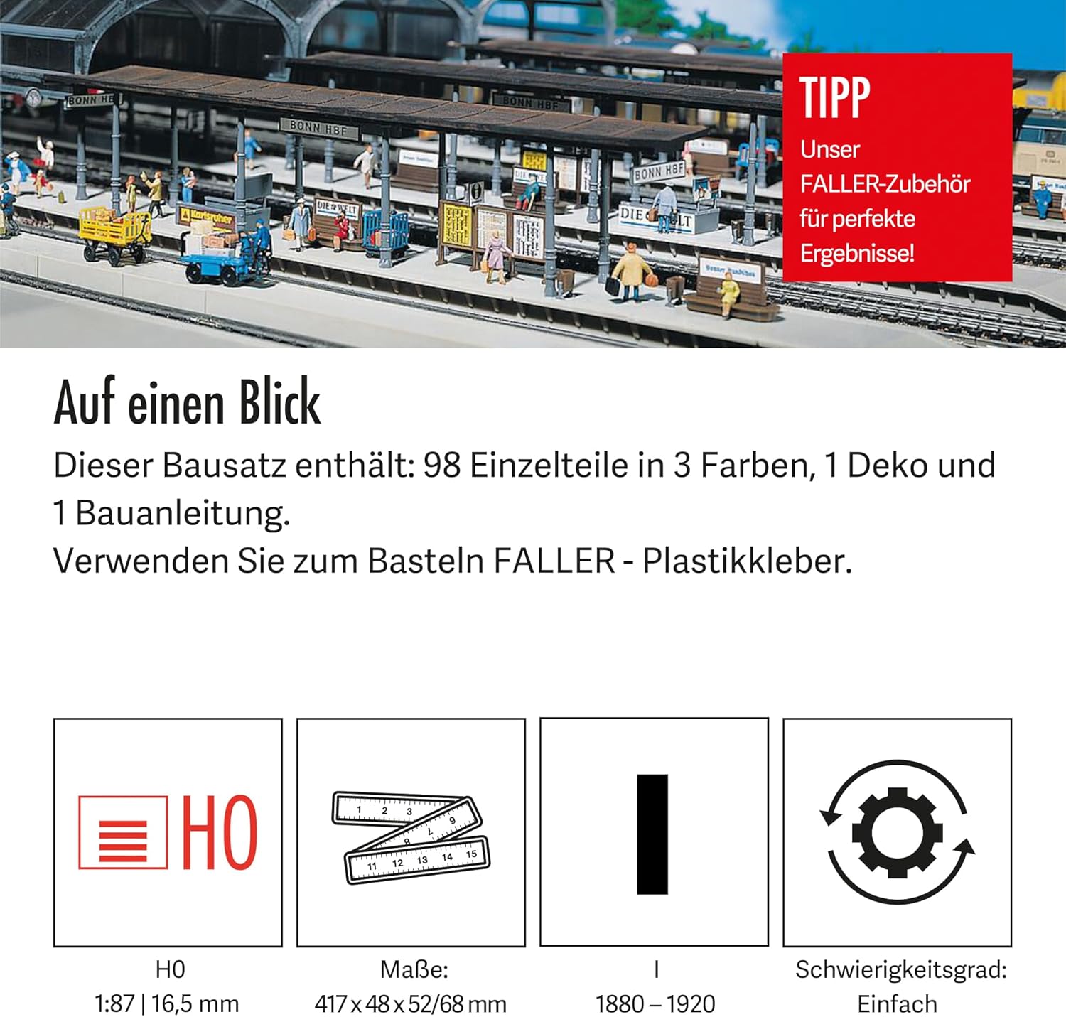 FALLER 2 Bahnsteige Modellbausatz mit 98 Einzelteilen 417 x 48 x 52/68 mm I Modelleisenbahn Zubehör H0 Gebäude I Modelleisenbahn H0 Bahnsteige