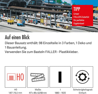 FALLER 2 Bahnsteige Modellbausatz mit 98 Einzelteilen 417 x 48 x 52/68 mm I Modelleisenbahn Zubehör H0 Gebäude I Modelleisenbahn H0 Bahnsteige