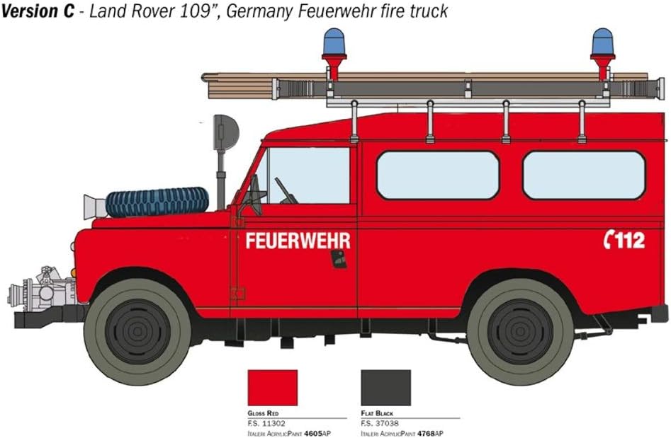 Italeri 3660S Land Rover 3660S-1:24 Fire Truck, Building, Stand Model Making, Crafts, Hobby, Gluing, Plastic Construction Kit, Unvarnished