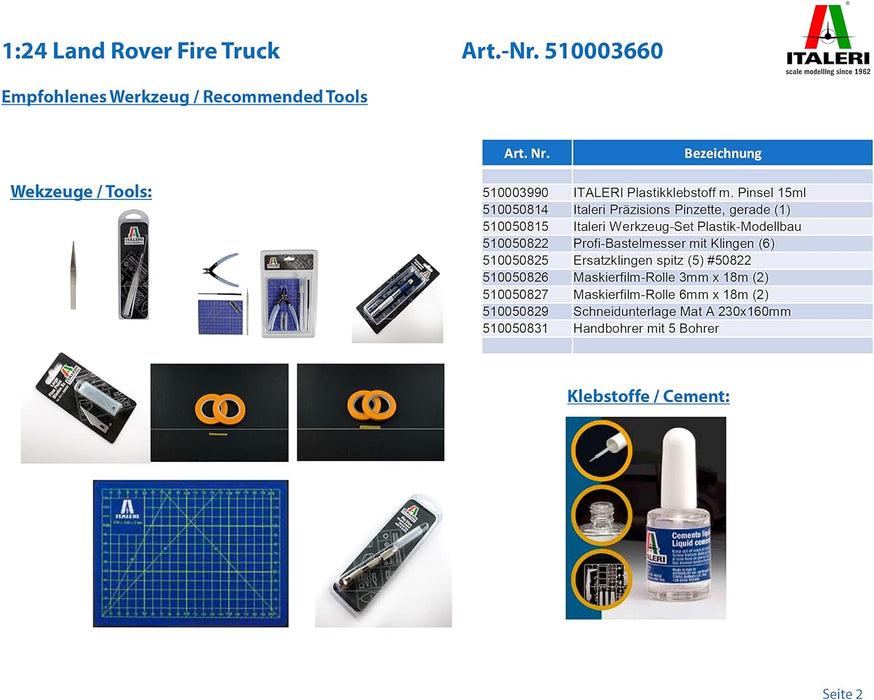 Italeri 3660S Land Rover 3660S-1:24 Fire Truck, Building, Stand Model Making, Crafts, Hobby, Gluing, Plastic Construction Kit, Unvarnished