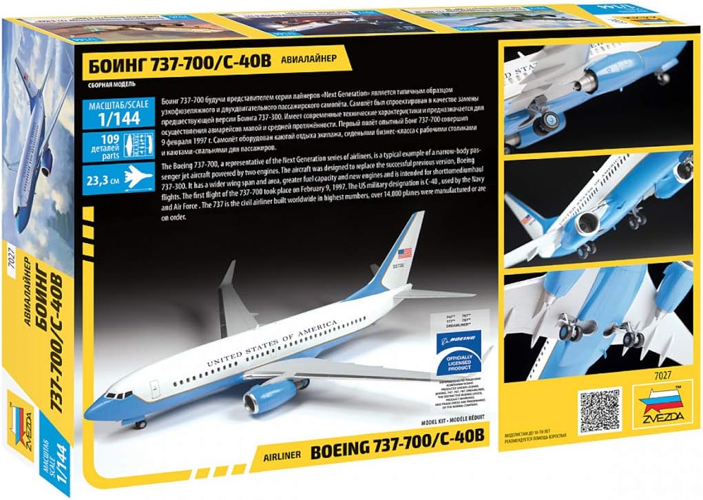 Zvezda 500787027 500787027-1:144 Boeing 737-700 / C-40 Plastic Construction Kit Model Kit Assembly Kit for Beginners Detailed, White/Blue