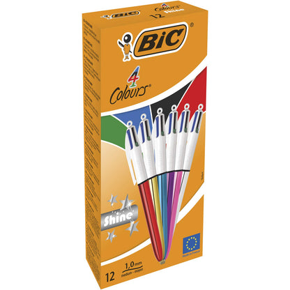 BIC 4 Colours Shine Retractable Ballpoint Pens, Medium Point (1.0 mm) - Assorted Metallic Barrels, Box of 12