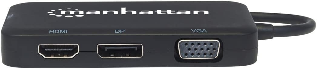 Manhattan USB-C Dock/Hub, Ports (x4): DisplayPort, DVI-I, HDMI or VGA, Note: Only One Port can be used at a time, External Power Supply Not Needed, Cable 8cm, Black, Three Year Warranty, Blister