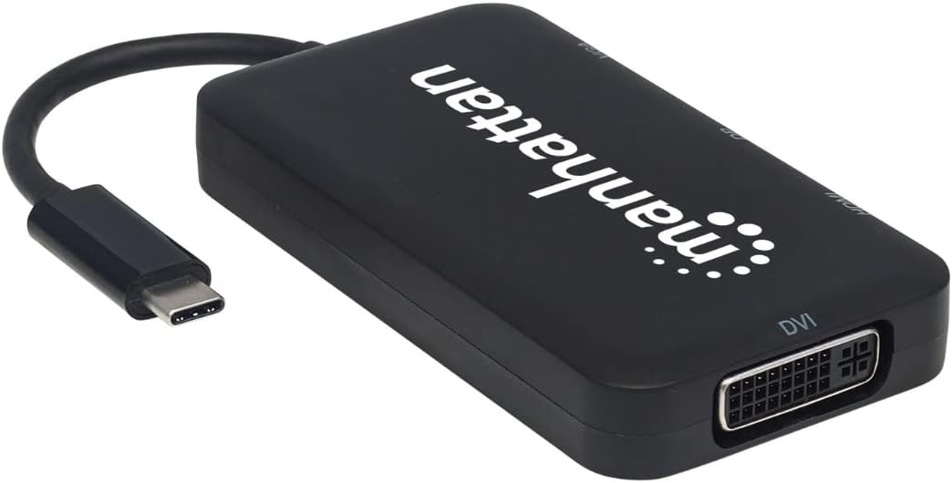 Manhattan USB-C Dock/Hub, Ports (x4): DisplayPort, DVI-I, HDMI or VGA, Note: Only One Port can be used at a time, External Power Supply Not Needed, Cable 8cm, Black, Three Year Warranty, Blister