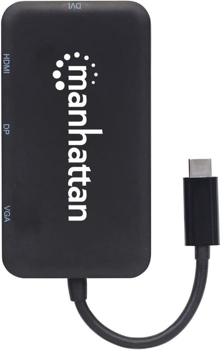 Manhattan USB-C Dock/Hub, Ports (x4): DisplayPort, DVI-I, HDMI or VGA, Note: Only One Port can be used at a time, External Power Supply Not Needed, Cable 8cm, Black, Three Year Warranty, Blister