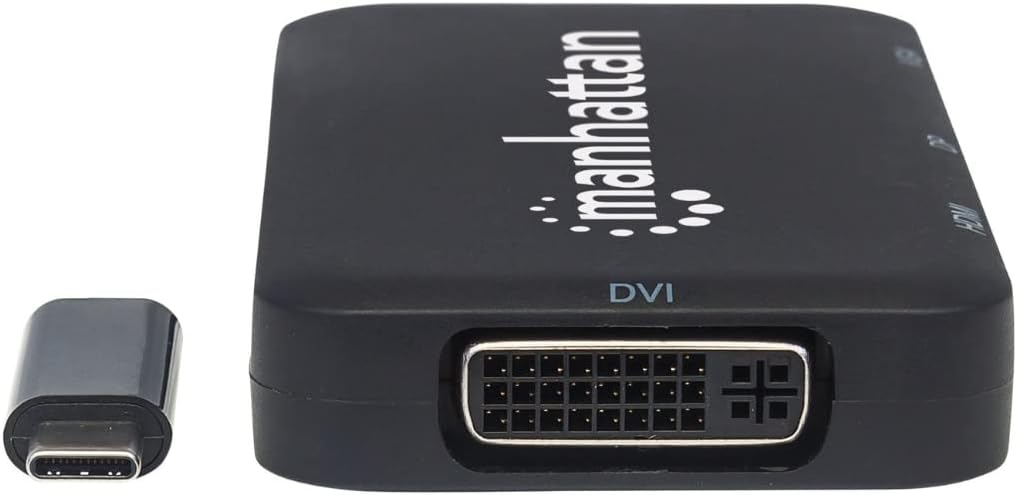 Manhattan USB-C Dock/Hub, Ports (x4): DisplayPort, DVI-I, HDMI or VGA, Note: Only One Port can be used at a time, External Power Supply Not Needed, Cable 8cm, Black, Three Year Warranty, Blister
