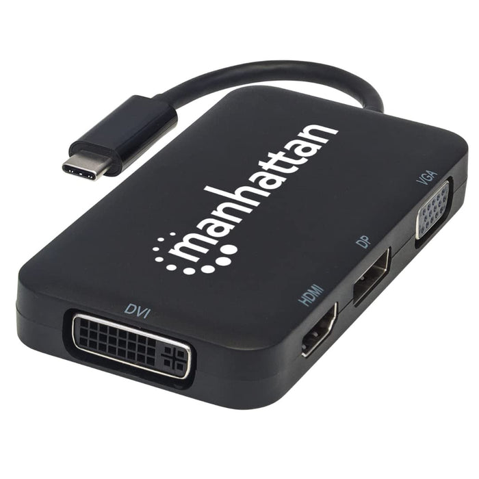 Manhattan USB-C Dock/Hub, Ports (x4): DisplayPort, DVI-I, HDMI or VGA, Note: Only One Port can be used at a time, External Power Supply Not Needed, Cable 8cm, Black, Three Year Warranty, Blister