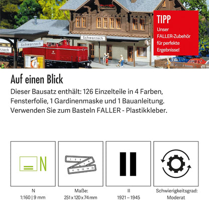 FALLER Bahnhof Schwarzach Modellbausatz mit 126 Einzelteilen 251 x 120 x 74 mm I Modelleisenbahn Zubehör N Gebäude I Modelleisenbahn N Bahnhof