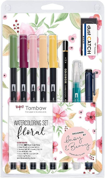 Tombow Watercoloring Set Floral, by May & Berry, 9-piece set incl. 5 ABT Dual Brush Pens and instructions, watercolour set for beginners
