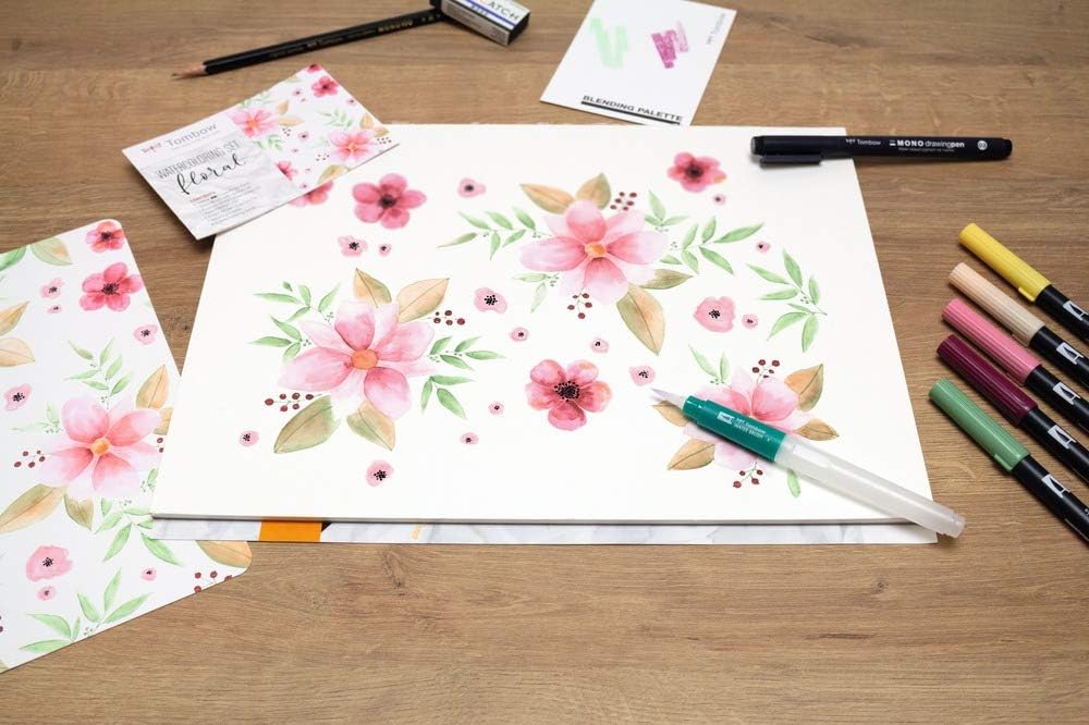 Tombow Watercoloring Set Floral, by May & Berry, 9-piece set incl. 5 ABT Dual Brush Pens and instructions, watercolour set for beginners
