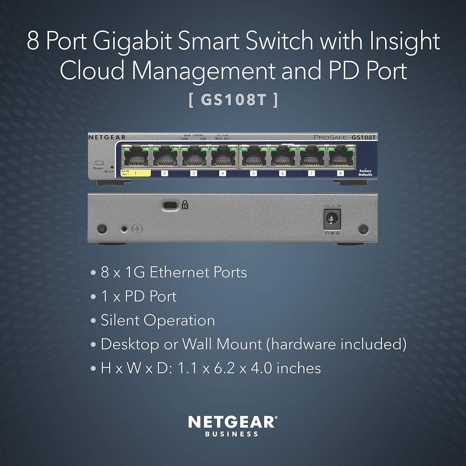 NETGEAR 8-Port Gigabit Ethernet Smart Switch (GS108T) - Managed, with 1 x PD port, Optional Insight Cloud Management, Desktop or Wall Mount, Silent Operation, and Limited Lifetime Protection