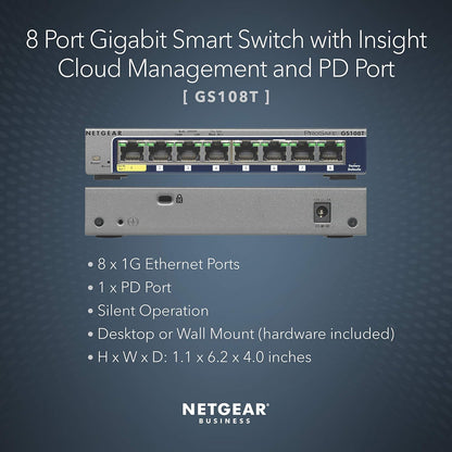 NETGEAR 8-Port Gigabit Ethernet Smart Switch (GS108T) - Managed, with 1 x PD port, Optional Insight Cloud Management, Desktop or Wall Mount, Silent Operation, and Limited Lifetime Protection