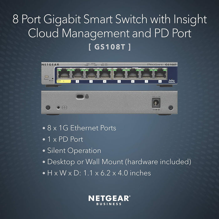 NETGEAR 8-Port Gigabit Ethernet Smart Switch (GS108T) - Managed, with 1 x PD port, Optional Insight Cloud Management, Desktop or Wall Mount, Silent Operation, and Limited Lifetime Protection