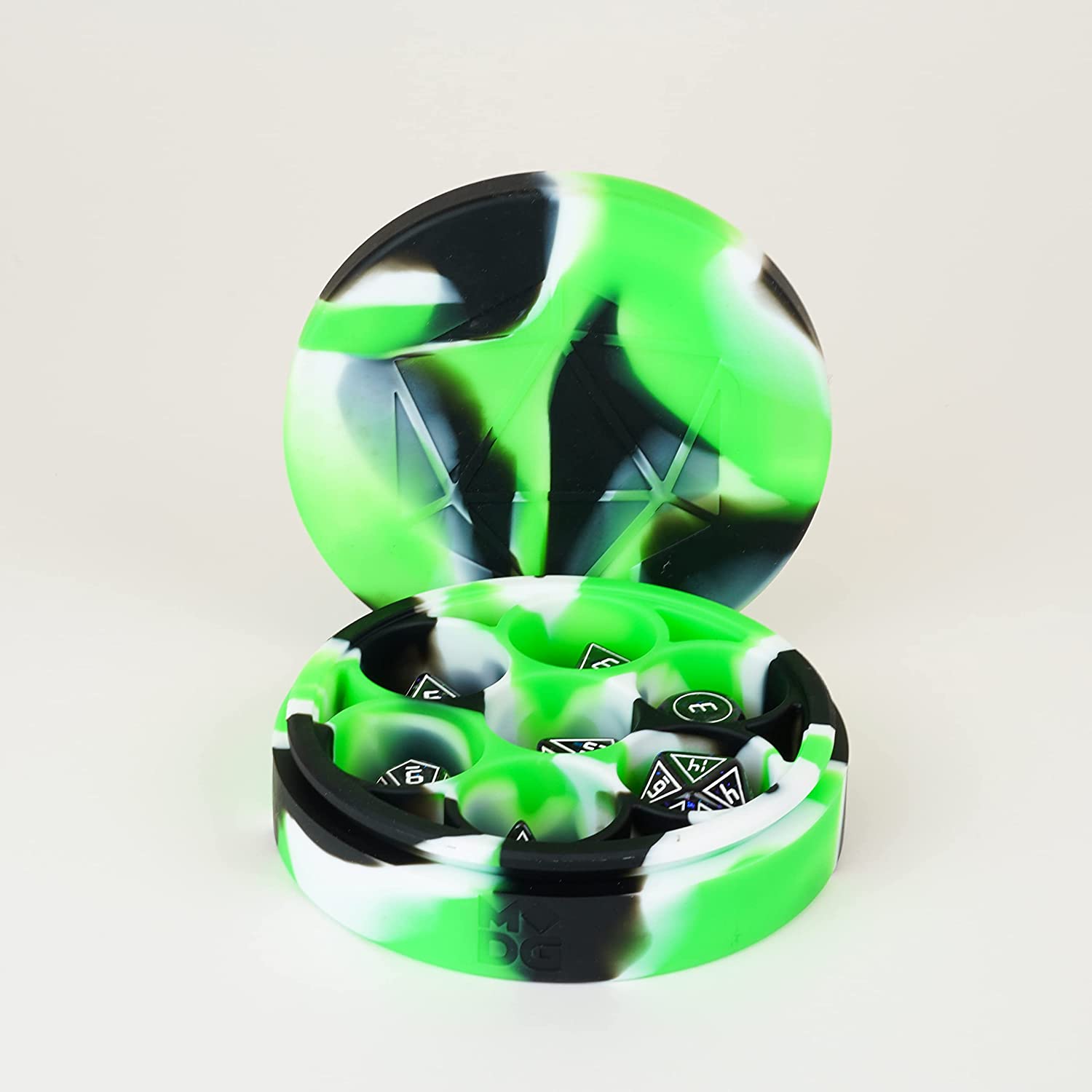 Metallic Dice Games Silicone Round Dice Case: Green/Black/White, Role Playing Game Dice Accessories for Dungeons and Dragons