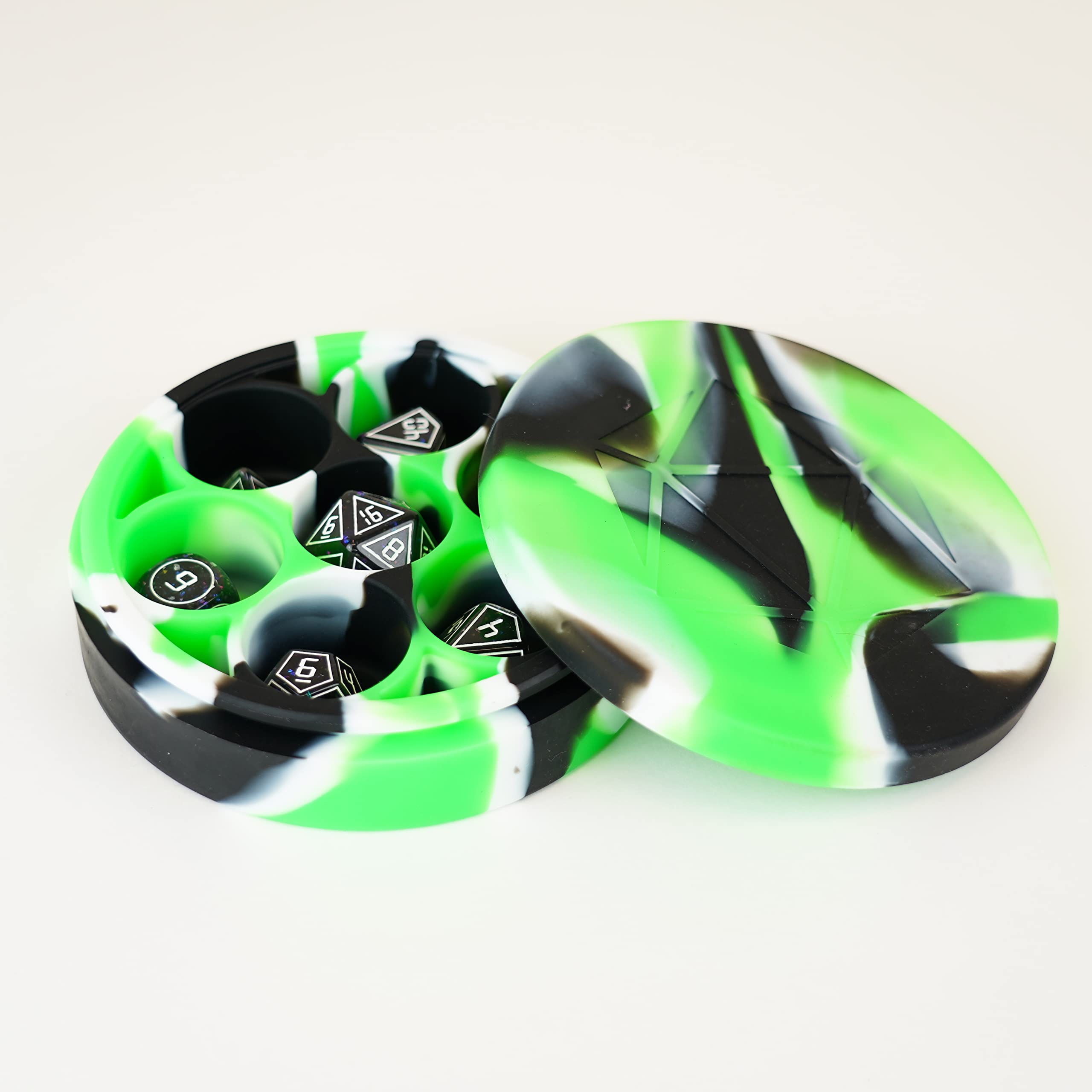 Metallic Dice Games Silicone Round Dice Case: Green/Black/White, Role Playing Game Dice Accessories for Dungeons and Dragons