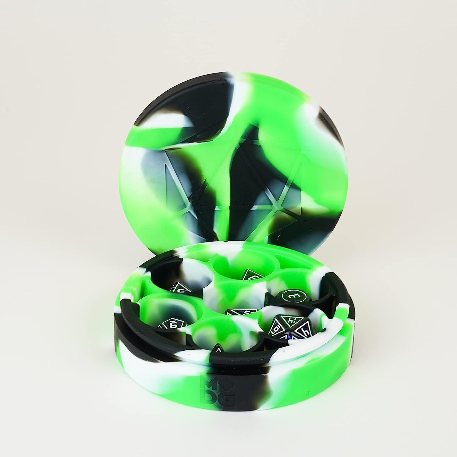 Metallic Dice Games Silicone Round Dice Case: Green/Black/White, Role Playing Game Dice Accessories for Dungeons and Dragons