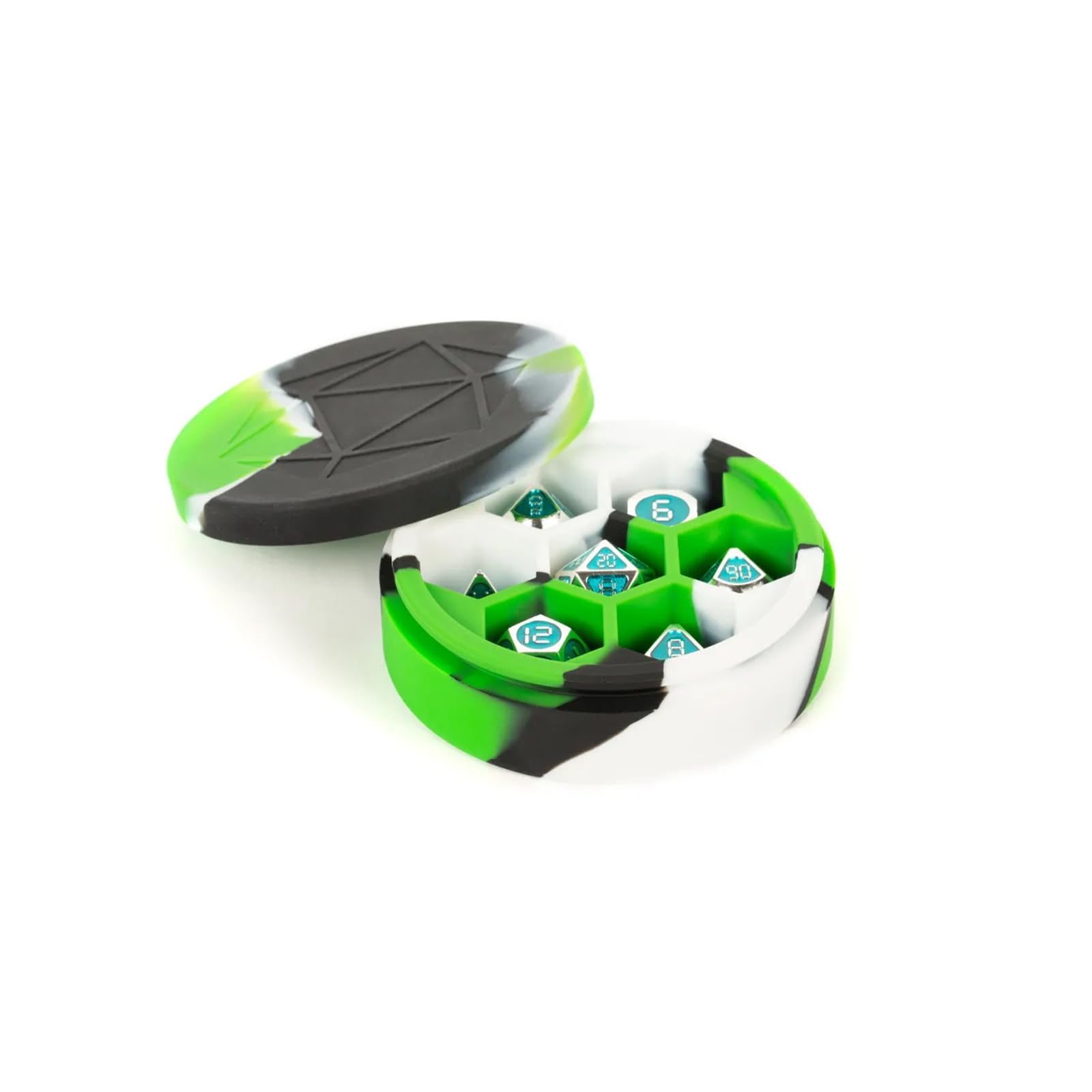 Metallic Dice Games Silicone Round Dice Case: Green/Black/White, Role Playing Game Dice Accessories for Dungeons and Dragons
