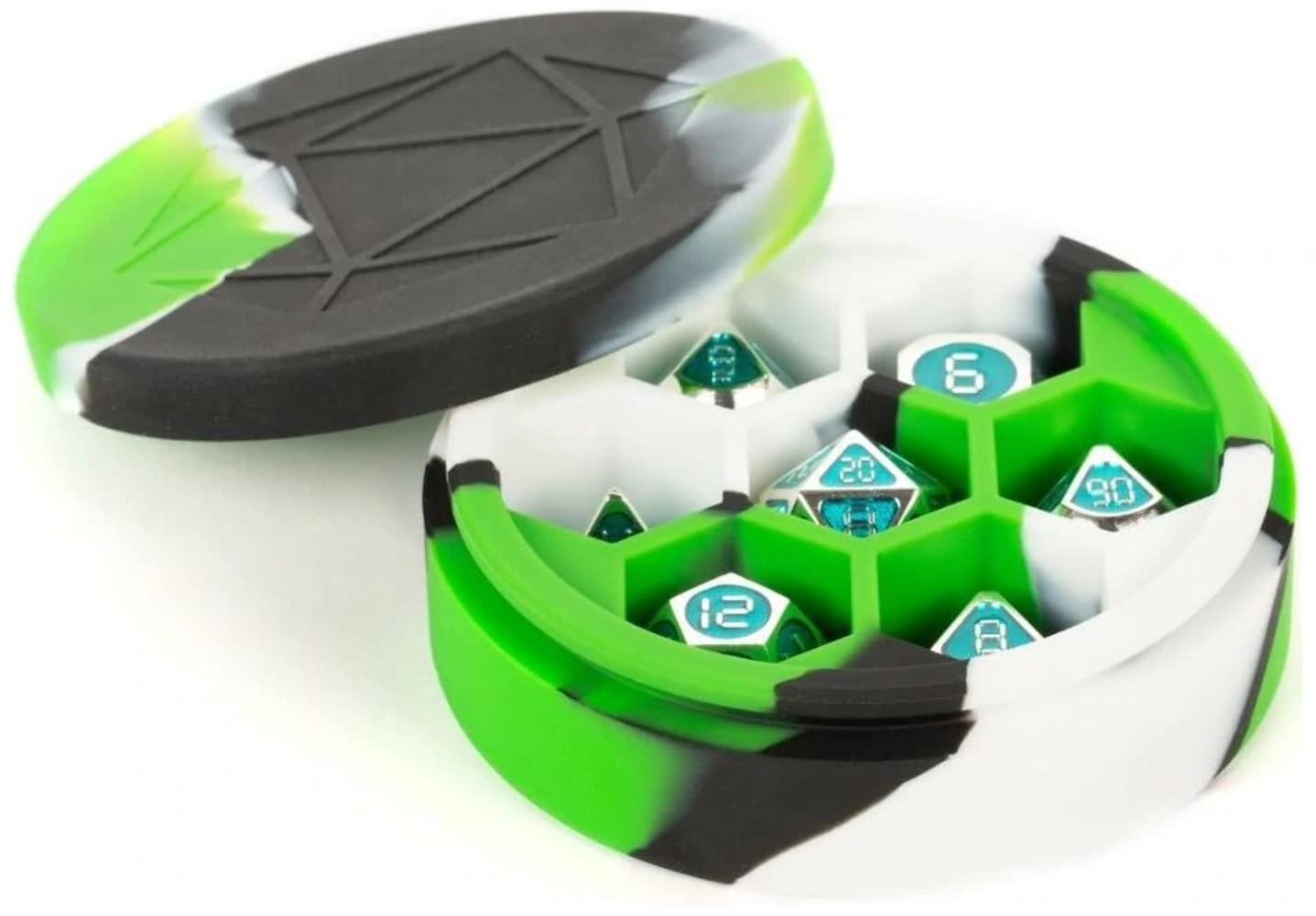 Metallic Dice Games Silicone Round Dice Case: Green/Black/White, Role Playing Game Dice Accessories for Dungeons and Dragons