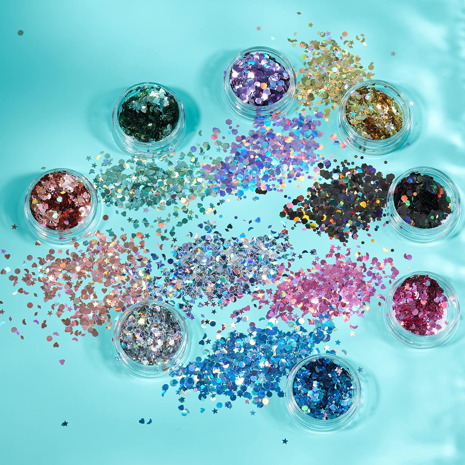 Smiffys Moon Glitter Holographic Glitter Shapes, Pink